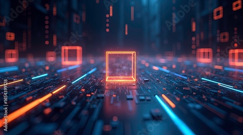 A futuristic 3d scene with glowing neon cubes hovering in a dark digital space high-tech grid, AI Generative