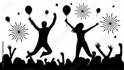 Silhouette of people celebrating with balloons and fireworks in a festive atmosphere of excitement and joy