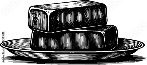 Vintage engraving of butter blocks on dish for culinary and kitchen decor