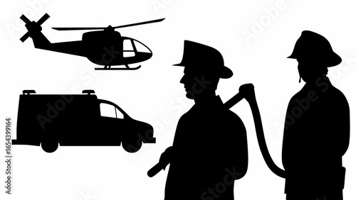 Silhouettes of two firefighters ambulance and helicopter representing emergency services personnel and vehicles