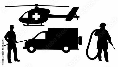 Silhouette depicting emergency response with helicopter ambulance truck and firefighter scene design