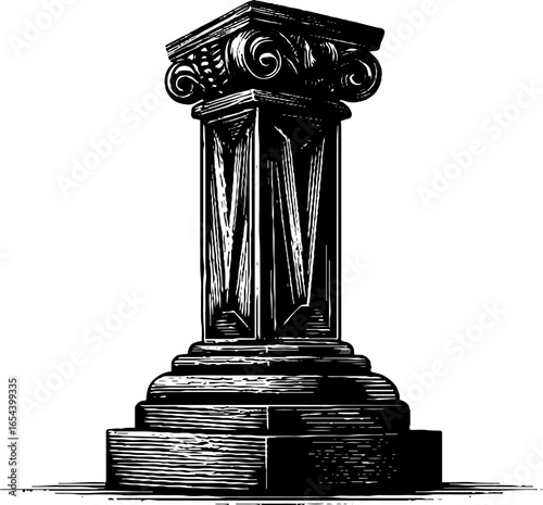 Vintage engraved illustration of carved wooden figurine silhouette for retro design