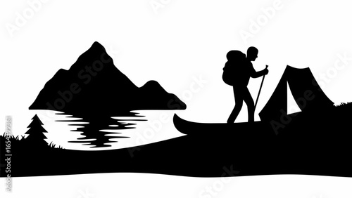 Silhouette of a hiker with backpack and pole near a tent and mountains by a lake on a camping trip