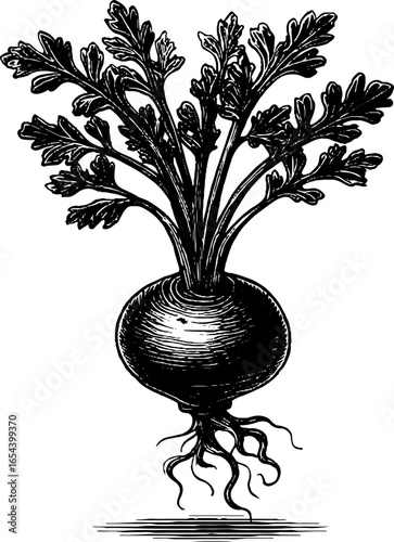 Vintage celery root with stem engraving - retro botanical sketch for design and decor