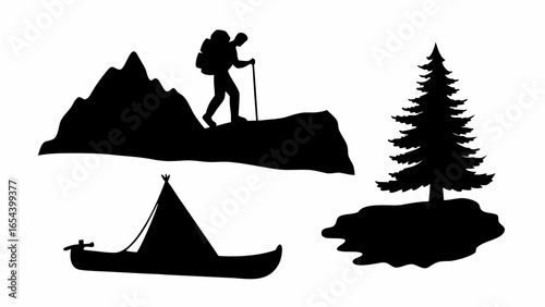 Silhouette of a hiker on a mountain next to a pine tree and canoe with tent for outdoor adventures