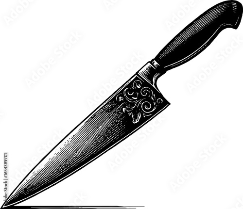 Engraved chef's knife sketch with ornate design for culinary art and kitchen decor