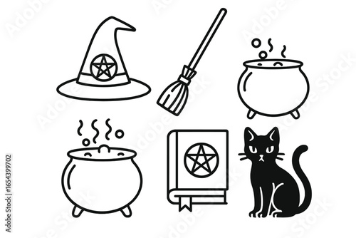 Witchcraft icon set. Gothic witch vector accessories collection. Outline icons of pointed hat, broomstick, cauldron, spellbook with pentagram, black cat. Magic pagan wicca.