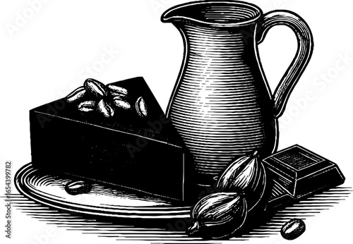 Engraved vintage illustration of chocolate cake slice with nuts and creamer for retro design