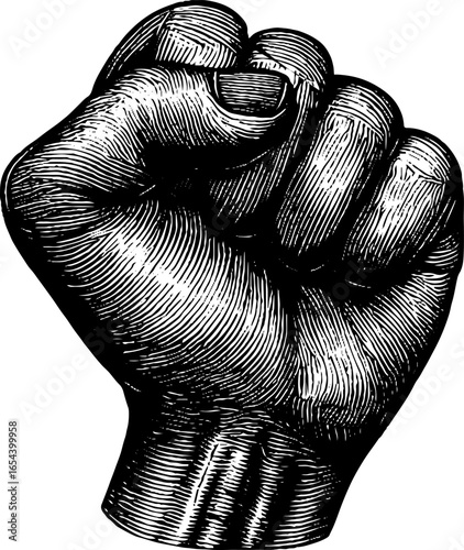 Engraved illustration of a clenched fist symbolizing strength and solidarity