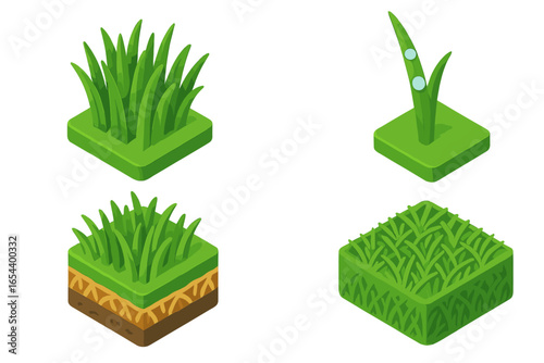 Isometric grass texture icons set. Vector game assets showing lawn, turf blocks, and soil layers. Close-up of green grass blades, dew drops, and thatch patterns.