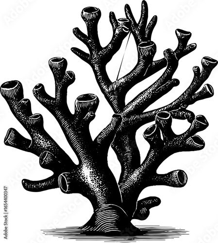 Intricate engraved illustration of coral branch with polyps for marine design