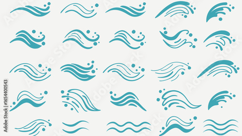 Vector collection of teal wave illustrations and water droplet designs arranged in a grid pattern on white