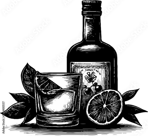 Engraved illustration of cosmopolitan glass with bottle and citrus for cocktail design