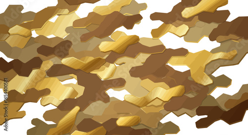 Irregular polygonal shapes in tan beige gold brown form camouflage pattern on white background