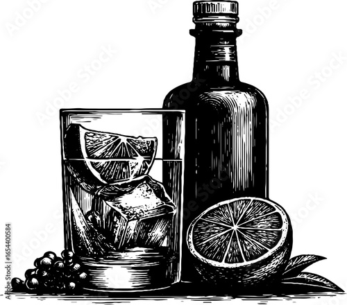 Vintage engraved illustration of cosmopolitan glass with citrus and bottle for drink menu design
