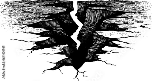 Engraved illustration of cracked earth pattern for earthquake concept and geology themed design