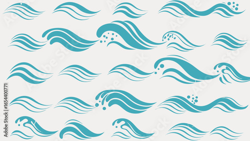 Vector illustration showing a pattern of stylized turquoise waves with some splashes on a light background