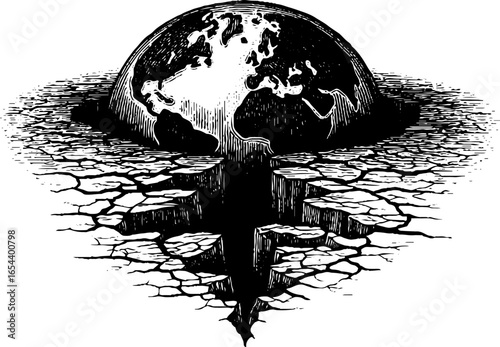 Engraved illustration of cracked earth pattern with emerging globe for environmental awareness concepts