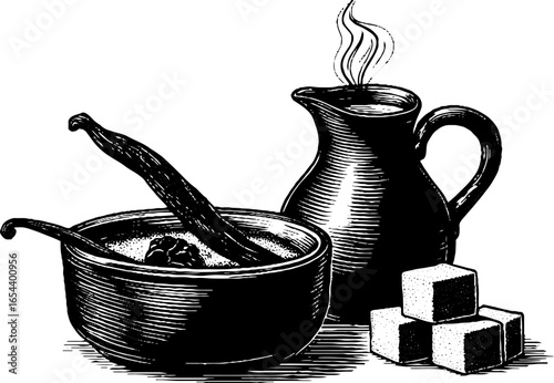 Vintage engraved illustration of crème brûlée with vanilla and cream pitcher for culinary design