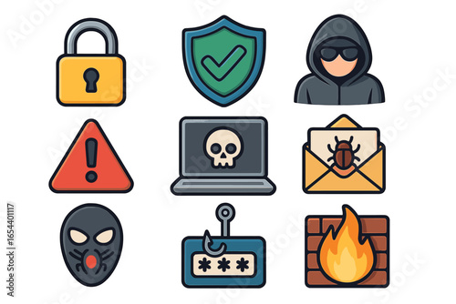 Cybersecurity vector icons set. Digital security symbols including lock, shield, hacker, malware, phishing, firewall, warning, virus attack, bug email, cyber threat. Cartoon style illustration.
