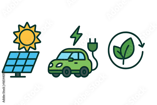 Renewable energy vector icons for solar power, electric vehicles, sustainable transport and eco-friendly practices. Green technology concept in modern flat cartoon design for environmental awareness.