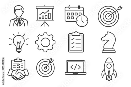 Business strategy and startup icons set. Line style vector illustration of business management, planning tools, leadership, goals, teamwork, innovation, success, project launch, digital work