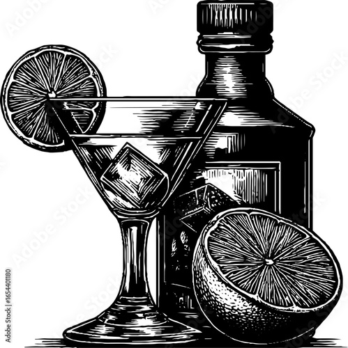 Vintage cocktail celebration: daiquiri glass with lime and bottle design for bar decor