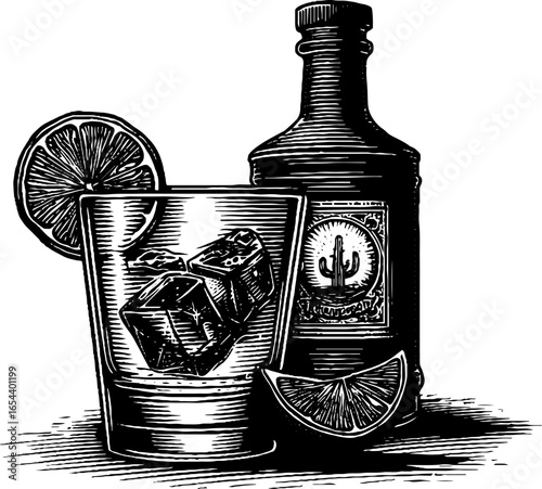 Vintage daiquiri glass with lime and bottle engraved illustration for drink menu design