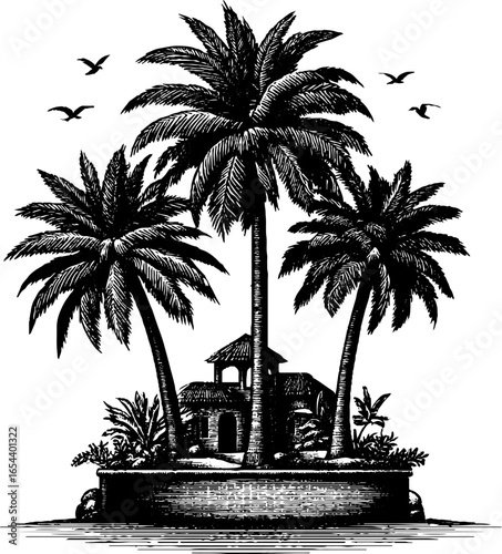 Engraved illustration of desert oasis with palm trees