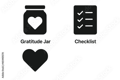Gratitude and intention solid icon set. Glyph symbols for self-care, mindfulness, and mental health. Vector collection of gratitude jar, checklist, and heart. Positive habits concept.