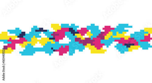 Pixelated pattern of cyan yellow pink and purple shapes on a white background