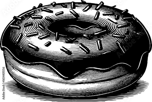 Doughnut glaze engraved illustration design. Vintage sketch hand drawn engraving silhouette woodcut label retro.