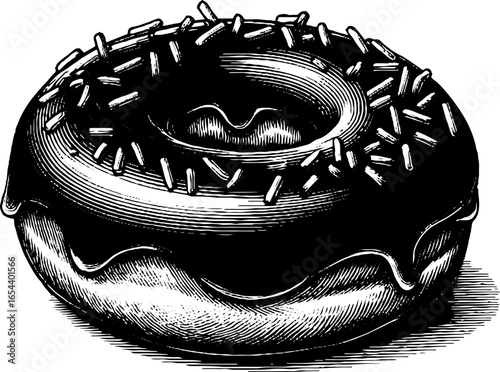 Vintage engraved doughnut illustration with glaze and sprinkles for retro design and decor