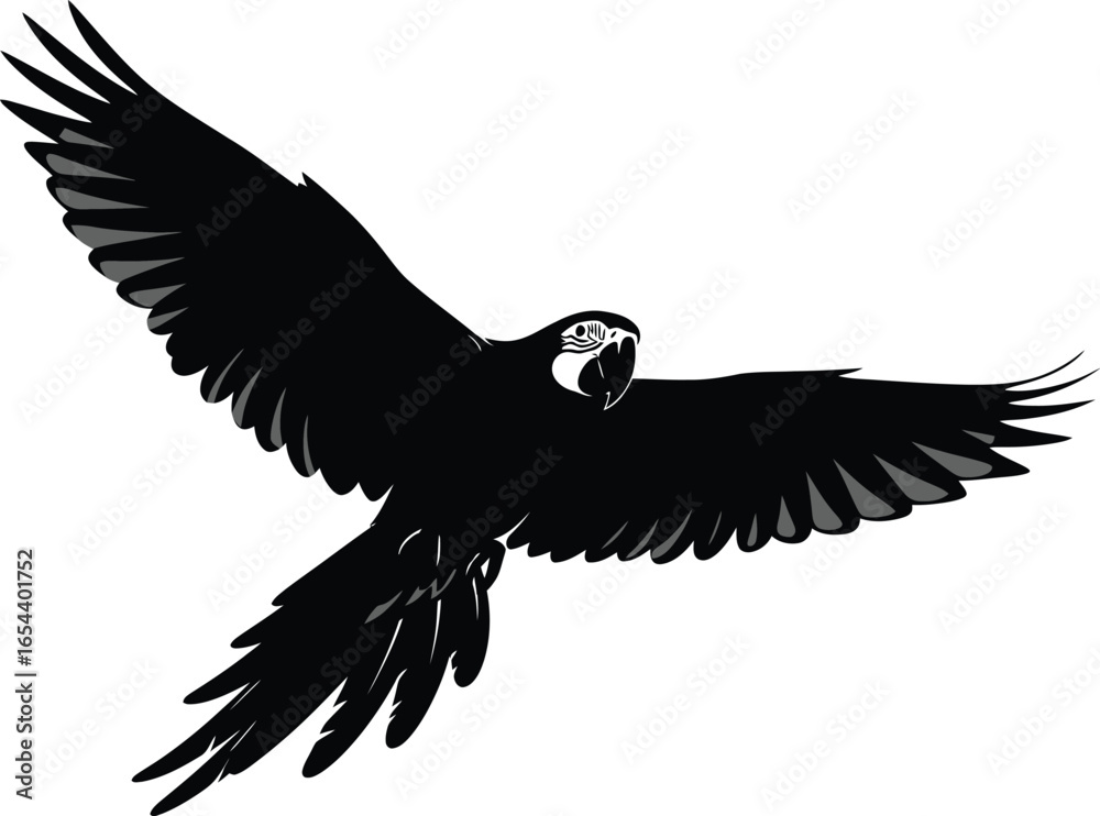 Fototapeta premium Silhouette of a macaw parrot in flight, showcasing its wingspan and elegant form in a minimalist black and design