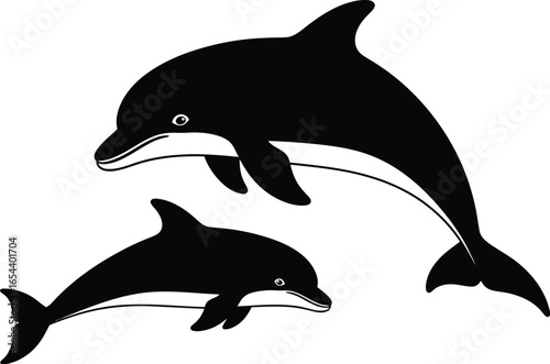 Two dolphins swimming together, showcasing their playful nature and graceful movement in a minimalist silhouette design