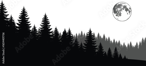 A serene night landscape featuring a full moon over a dark forest of pine trees, creating a peaceful and scenic view