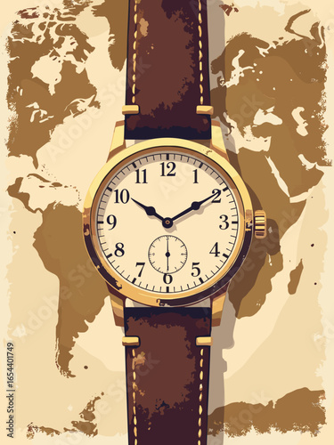 Vintage wristwatch on an old map of the world, palette: leather brown, gold, parchment, sepia