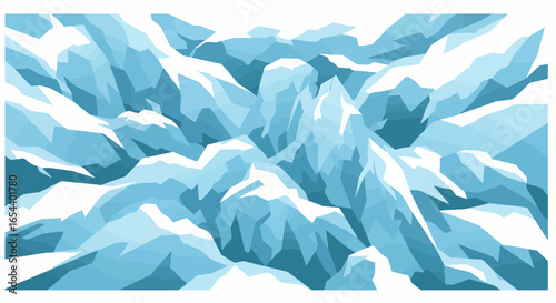 Polygonal mountain landscape with snowcapped peaks rendered in cool blue hues