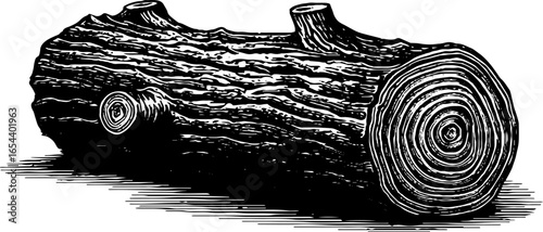 Vintage engraved illustration of fallen log in bold black lines