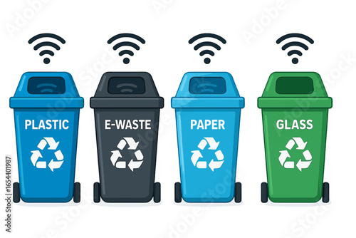 Smart Recycling Bins with Wireless Technology for Efficient Waste Management, Segregated Plastic, E-Waste, Paper, Glass, Urban Environment, Eco-Friendly, Modern Vector Illustration