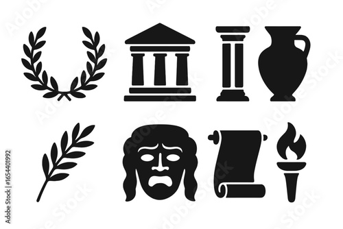 Ancient Greece glyph icon set. Greek motifs silhouette collection. Laurel wreath, temple, column, amphora, tragedy mask, scroll, torch, olive branch. Vector symbols.