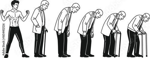 Illustration of aging process showing a man going from young and muscular to old and hunched over