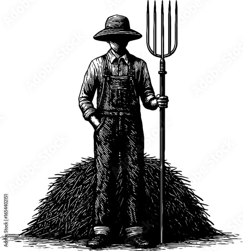 Vintage engraving of farmer holding pitchfork with haystack silhouette for retro design