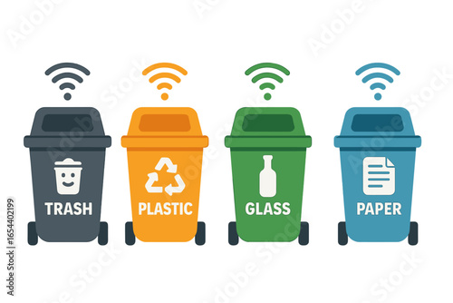 Smart waste management recycling bins with wireless technology, color-coded trash containers for plastic, glass, paper, general waste, urban eco sorting system, vector illustration