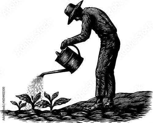 Vintage silhouette of farmer watering crops - agricultural heritage design for posters and cards