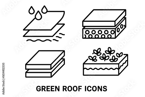 Green roof infrastructure outline icon set. Vector illustration of sustainable building technology layers: waterproof membrane, drainage system, insulation, and vegetation.