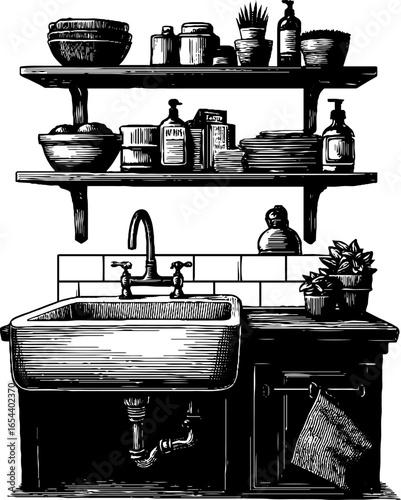 Vintage farmhouse style kitchen engraved illustration - rustic design for decor