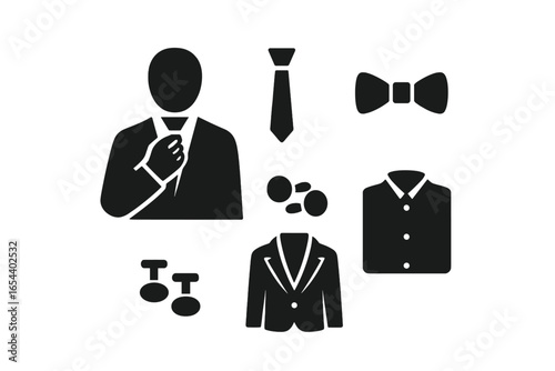 Groom accessory vector glyph icon set. Man in tuxedo adjusting necktie. Formal wear collection with bow tie, cufflinks, dress shirt, suit jacket. Wedding fashion symbols.