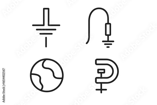 Electrical grounding and bonding symbols icon set. Vector outline illustration of earth ground, protective earth, chassis ground, ground rod, and clamp for circuit diagrams.