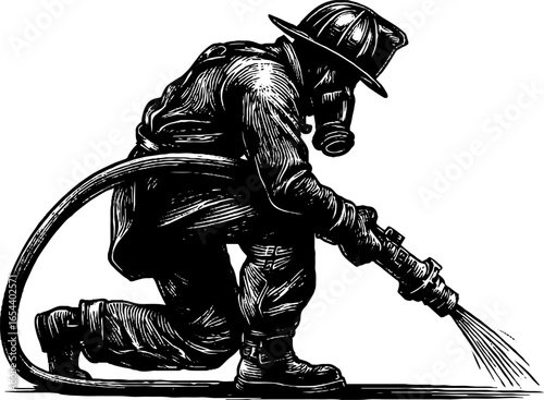 Vintage firefighter illustration with engraved design spraying water